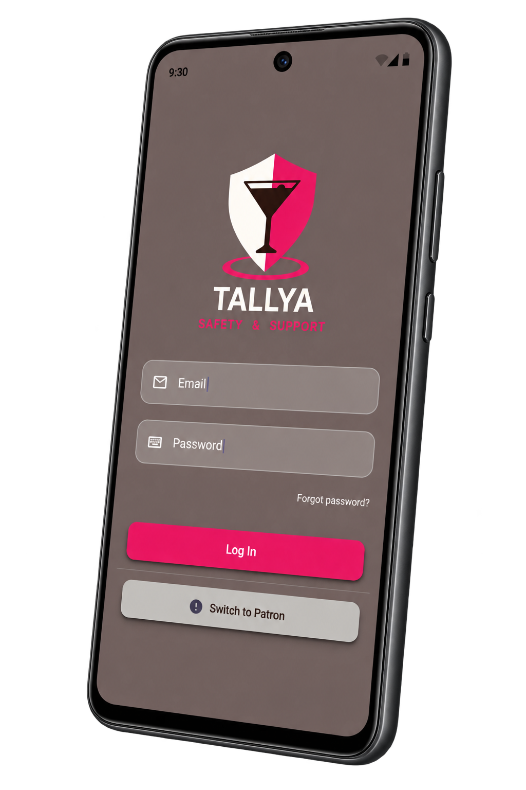 TALLYA safety mobile application login screen displayed in a phone mockup